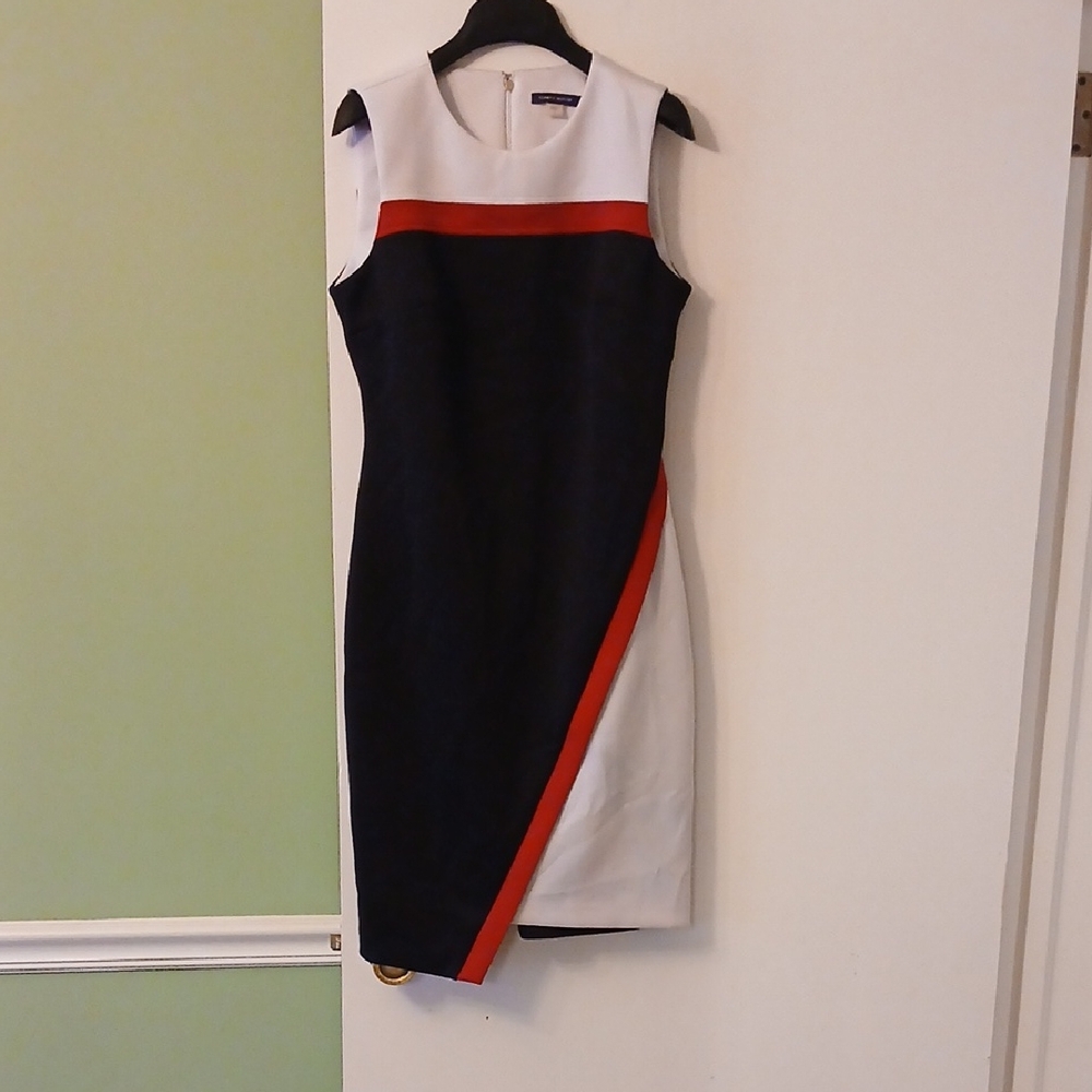 Tommy Hilfiger Black and White Sheath Dress with Red Stripe